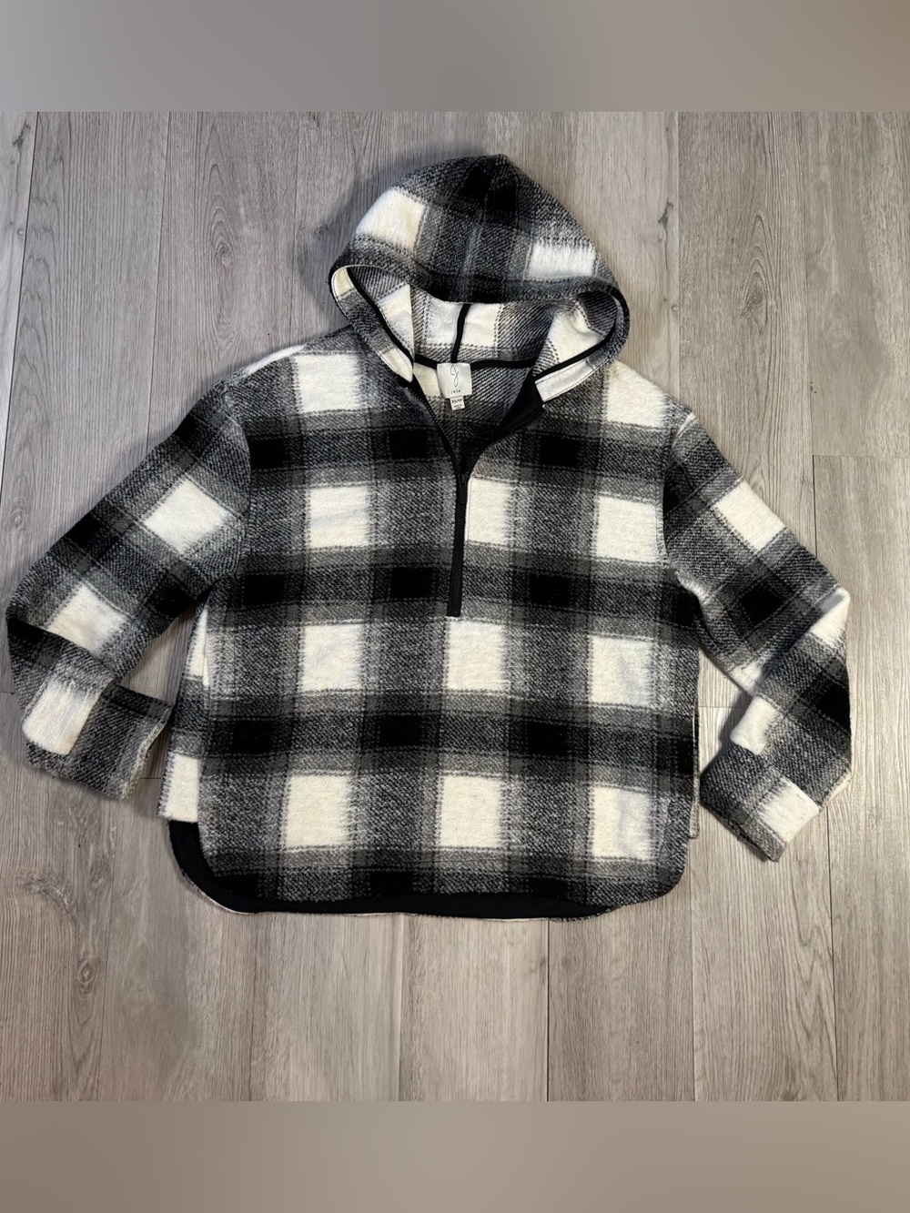 Joie Black White Buffalo plaid Hooded Half Zip up pullover sweatshirt. Size XS.